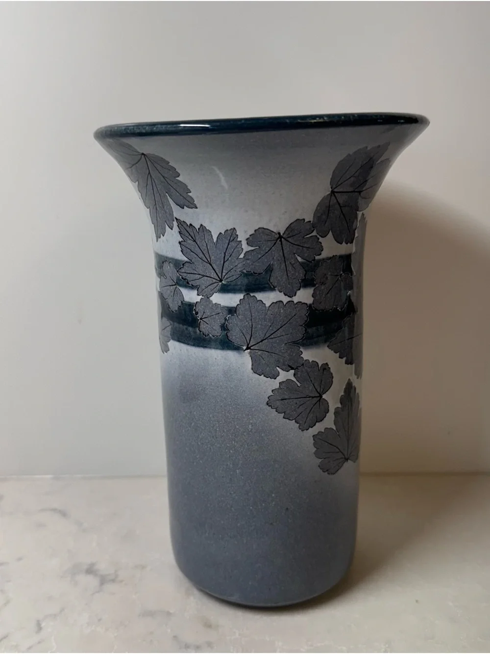 Blue Ceramic Vase with Leaf Motif by Wizard of Clay